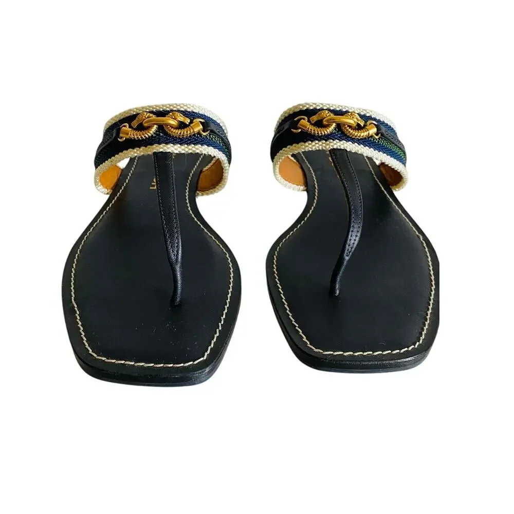 Tory Burch Jessa‎ Navy Leather Thong Sandals Dragon Chain Stripe Webbing 9.5